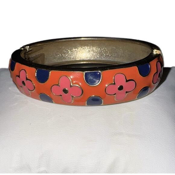 Enamel Pink Blue Flowers Clamp Spring Cuff Bangle Bracelet Goldtone Trim - Picture 6 of 9